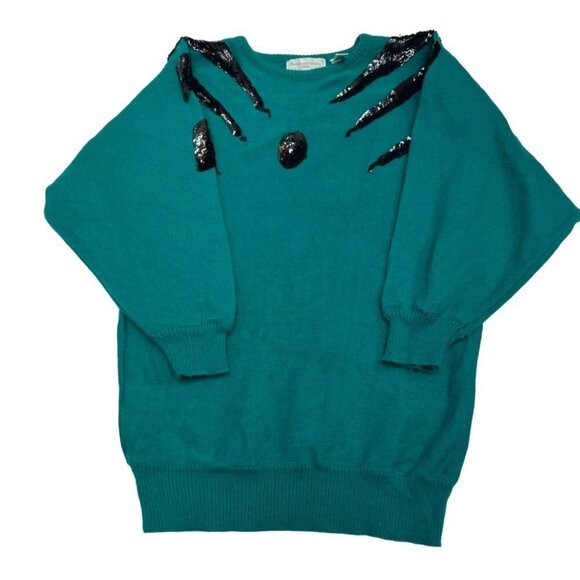 vintage 80's Green Crew Neck Sweater Black Sequin Detailing Size M - Picture 7 of 11